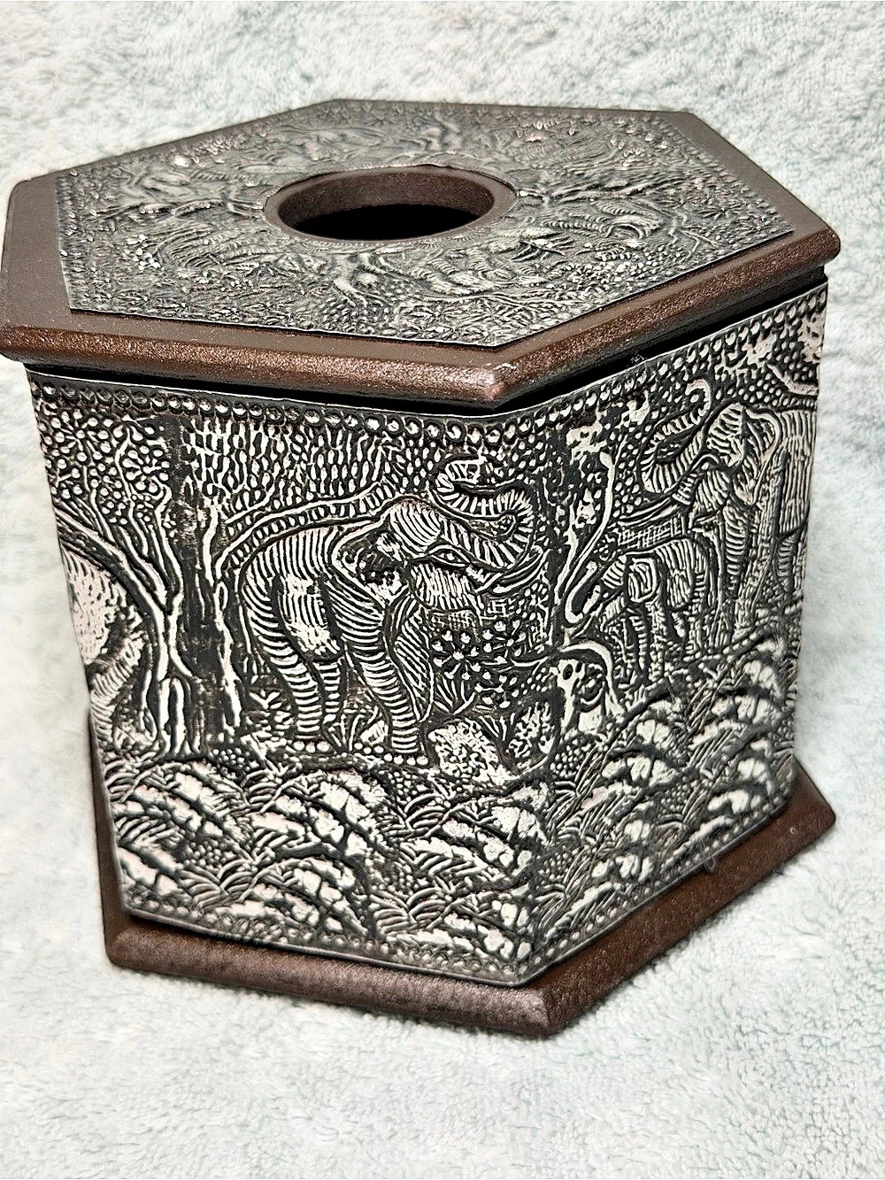 Vintage Thai Repousse Metal Clad Hexagonal Box w Elephants